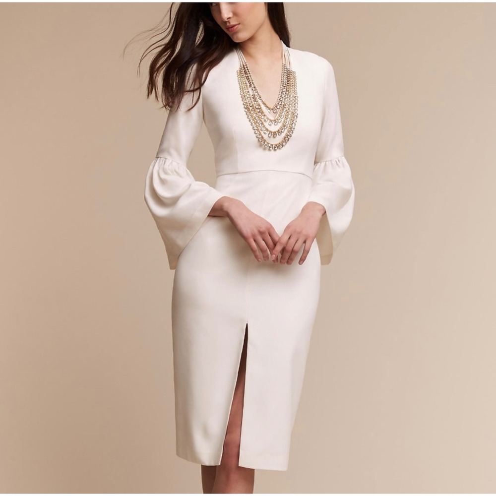 NEW Jill Jill Stuart Bell Sleeve Sheath Dress Size 4 White Crepe Midi Slit Front